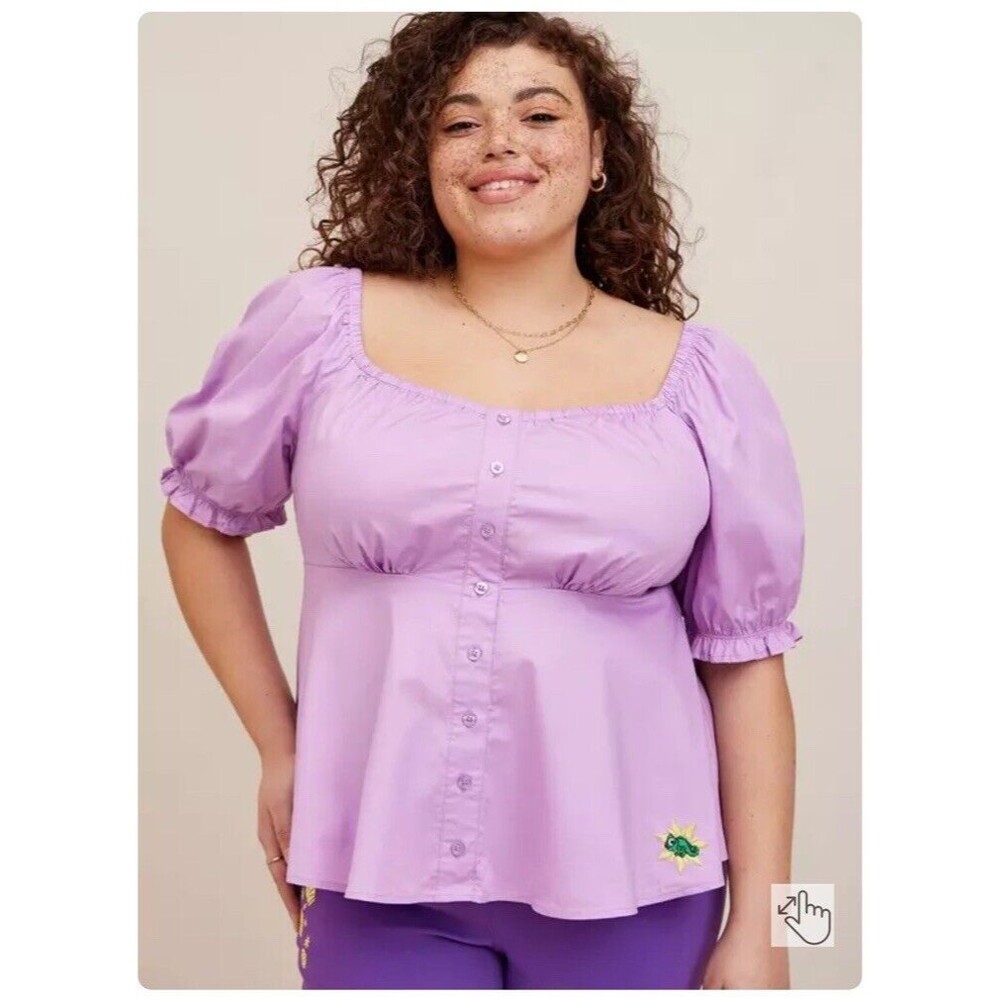 NWT Torrid Disney Tangled Rapunzel Peplum Top Purple Stretch‎ Poplin Size 3X